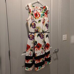 GNW White Multicolor Floral Sleeveless A-Line Dress with Black Accents